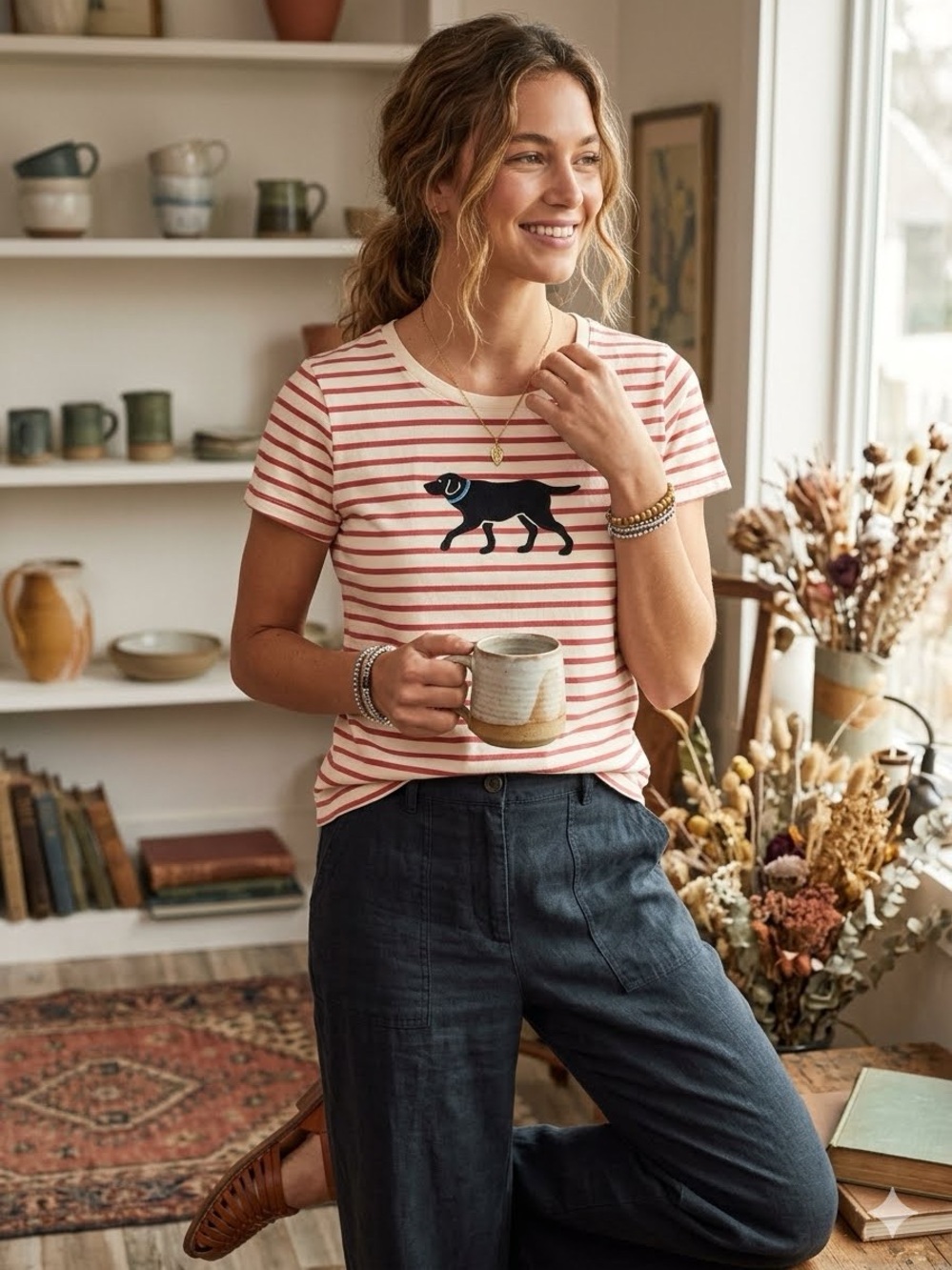 Hatley Dog Appliqué Red & Cream Striped T-Shirt